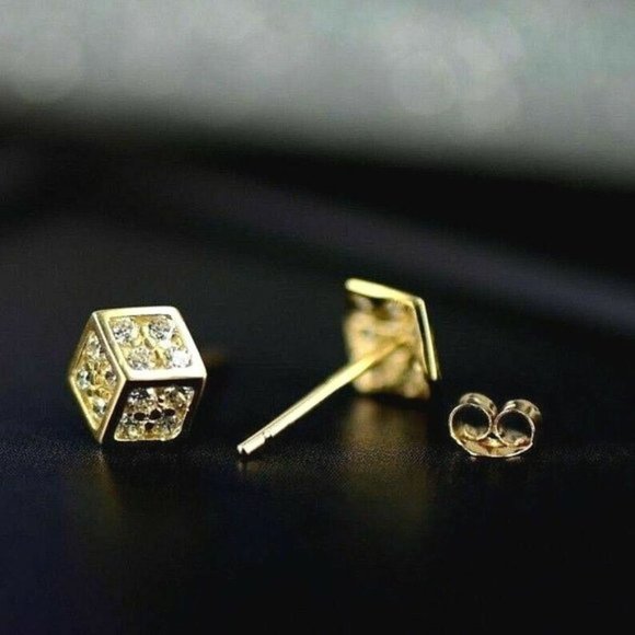 Solid 14K Gold Fancy Post Dice Stud Push Back Earrings Large 8 x 8.8 mm - Picture 6 of 11
